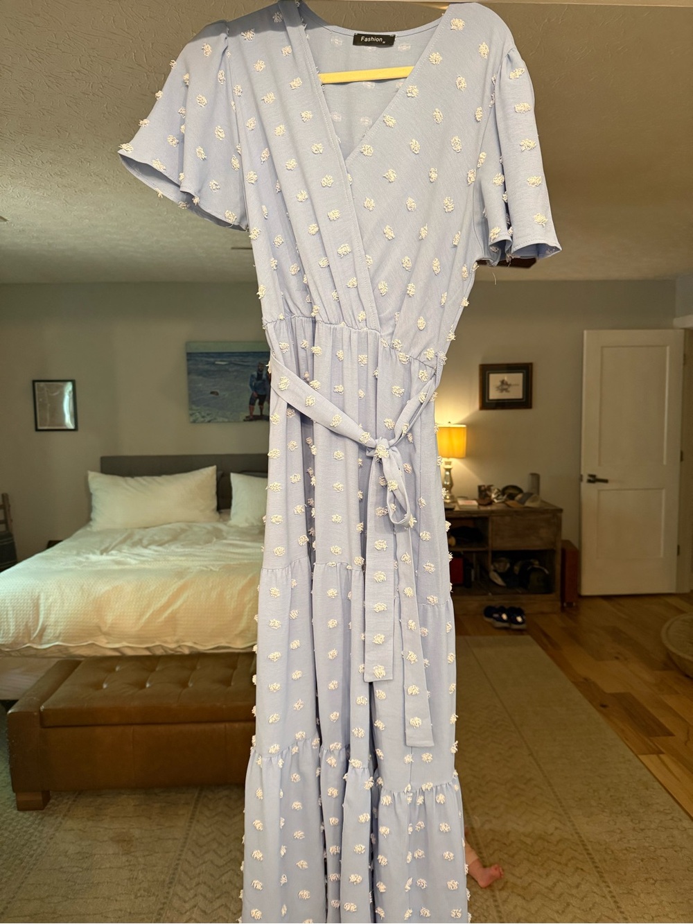 Light Blue Wrap Maxi Dress with White Floral Dots